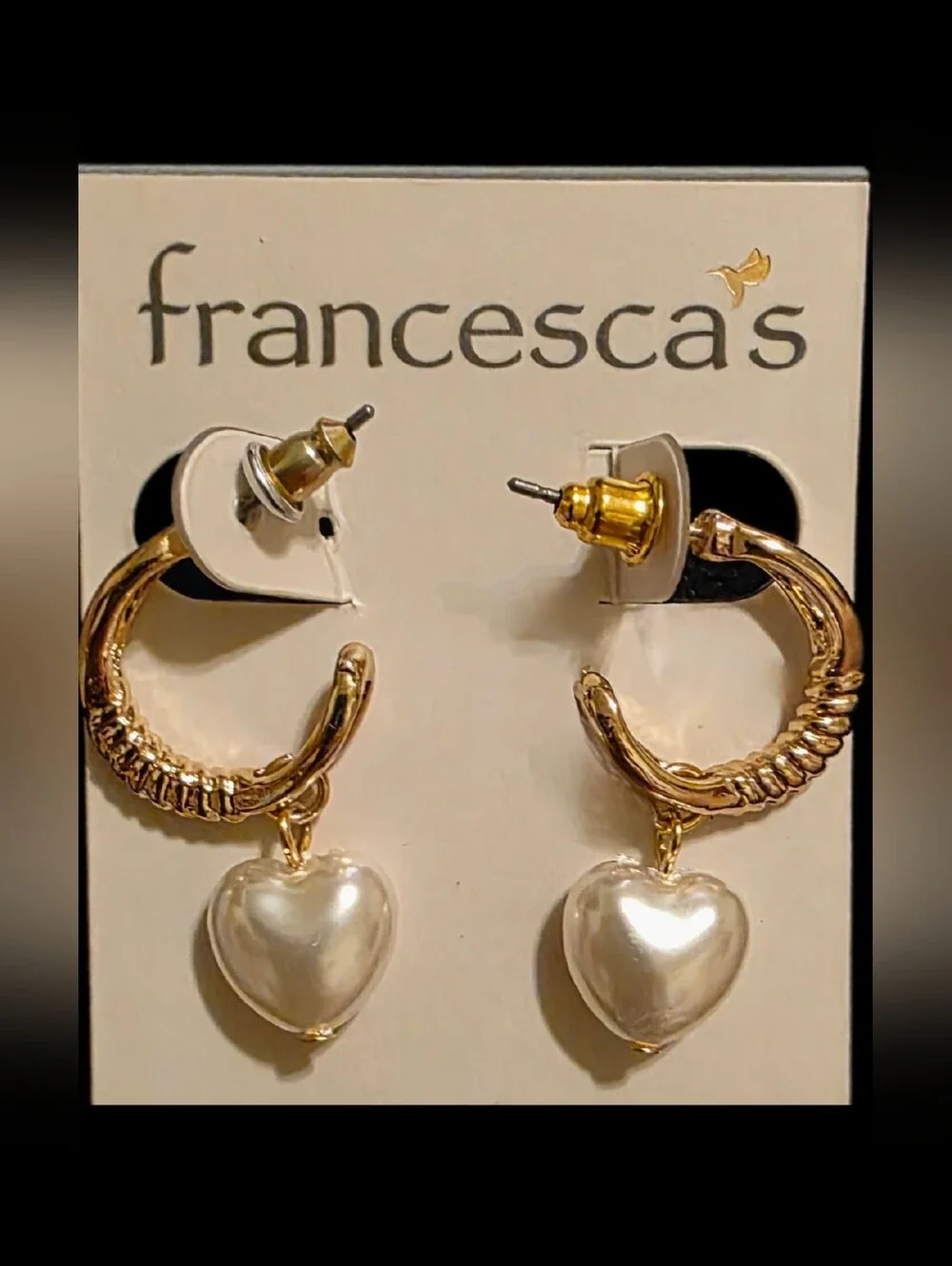 Hoop Earrings w/Faux Pearl Heart Drops